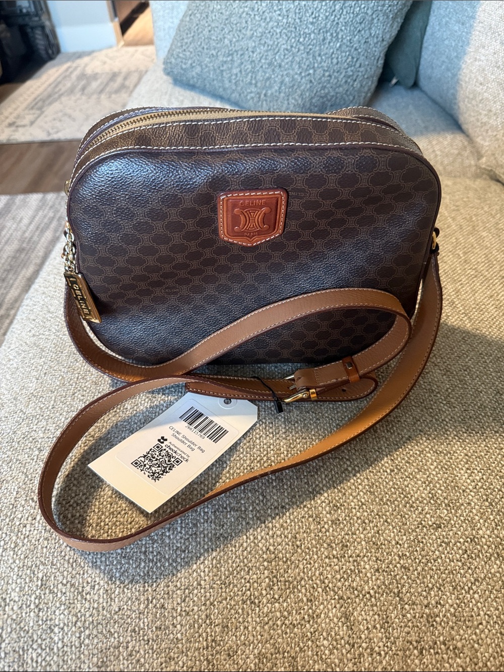 Celine Brown Monogram Leather crossbody Bag with Tan Strap